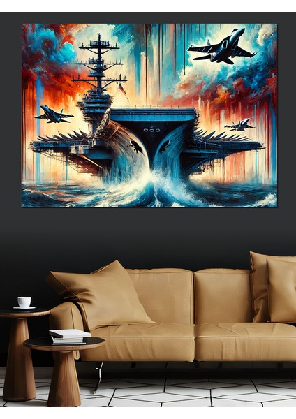 Savaş Uçağı Gemi Konsepti Dekoratif Kanvas - Mdf Ahşap Tablo