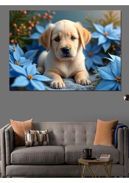 Çiçekler Arasında Yavru Köpek Dekoratif Kanvas - Mdf Ahşap Tablo