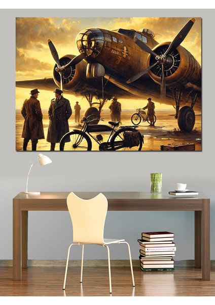 Vintage Pervaneli Uçak Sahnesi Dekoratif Kanvas - Mdf Ahşap Tablo