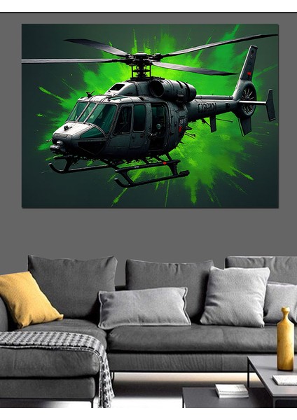 Gece Helikopter Uçuşu Dekoratif Kanvas - Mdf Ahşap Tablo