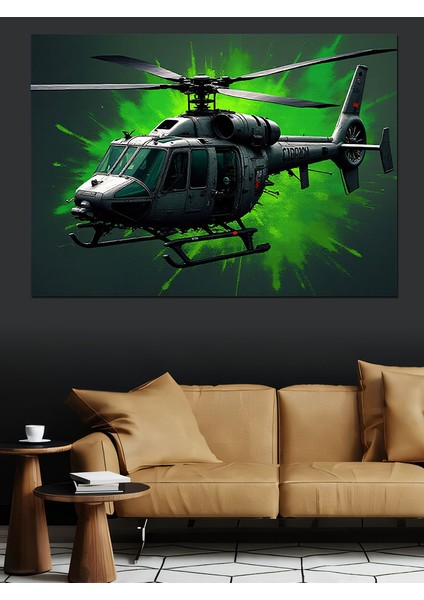 Gece Helikopter Uçuşu Dekoratif Kanvas - Mdf Ahşap Tablo