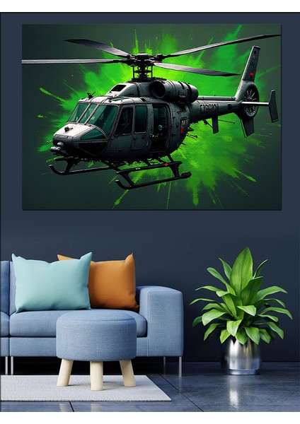 Gece Helikopter Uçuşu Dekoratif Kanvas - Mdf Ahşap Tablo