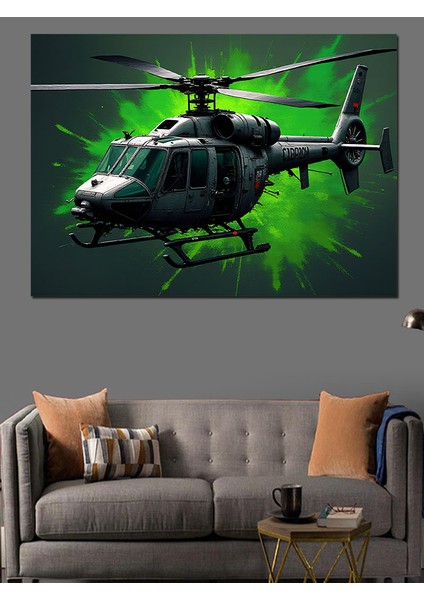 Gece Helikopter Uçuşu Dekoratif Kanvas - Mdf Ahşap Tablo