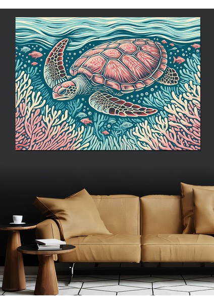 Renkli Deniz Kaplumbağası Dekoratif Kanvas - Mdf Ahşap Tablo