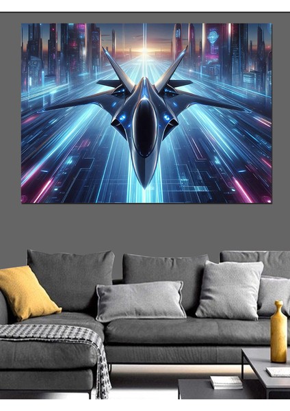 Fütüristik Jet Uçağı Dekoratif Kanvas - Mdf Ahşap Tablo