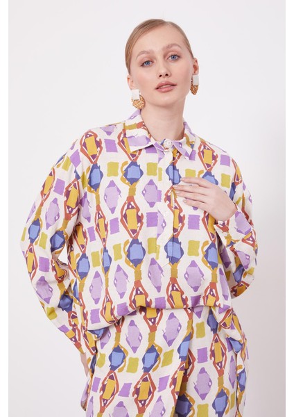 Mor Geometrik Desenli Tunik Takım