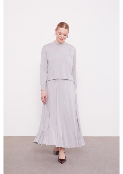 Gri Omuz Düğme Detaylı Etek Takım