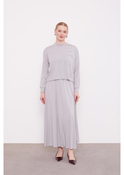 Gri Omuz Düğme Detaylı Etek Takım modelleri