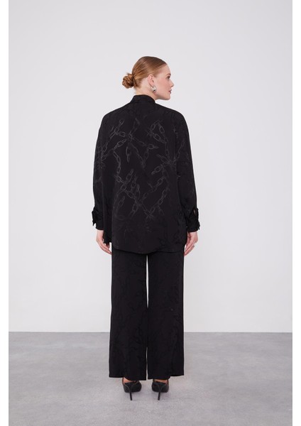 Siyah Fırfır Düğme Detaylı Zncir Desen Ikili Takım