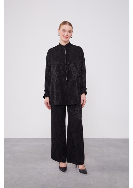 Siyah Fırfır Düğme Detaylı Zncir Desen Ikili Takım fiyatları