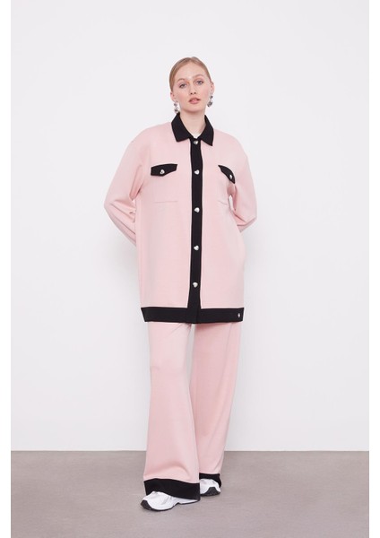 Pudra-Siyah Düğme Detaylı Pantolon Takım