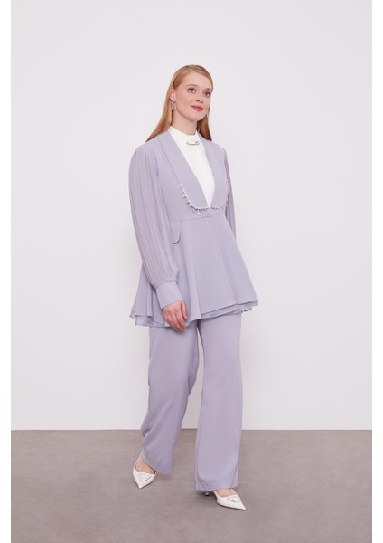 Gri Şifon Kollu Taş Detay Ikili Takım