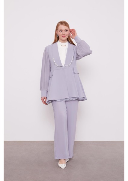 Gri Şifon Kollu Taş Detay Ikili Takım fiyatları