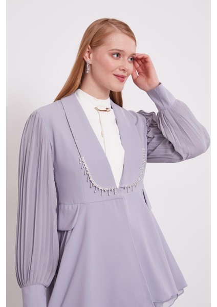 Gri Şifon Kollu Taş Detay Ikili Takım indirimleri