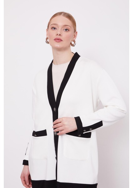 Ekru-Siyah Ribanası Düğme Detaylı Hırkalı Takım modelleri