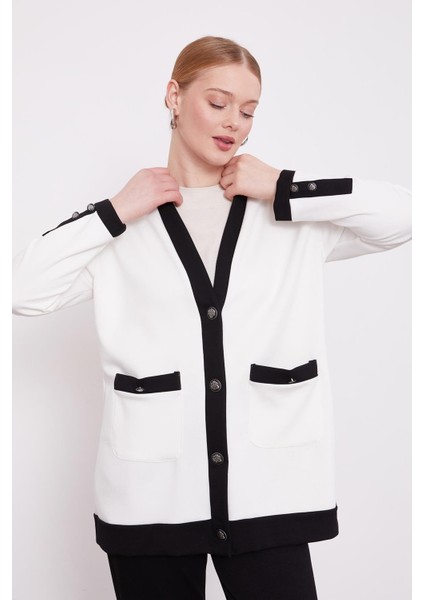 Ekru-Siyah Ribanası Düğme Detaylı Hırkalı Takım fırsatları