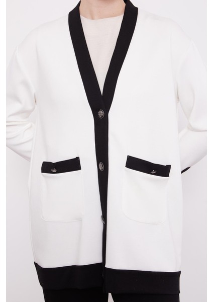 Ekru-Siyah Ribanası Düğme Detaylı Hırkalı Takım indirimleri