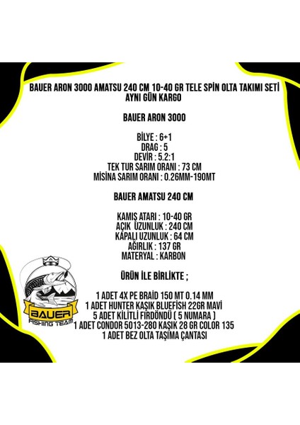 Bauer Aron 3000 Amatsu 240 cm 10-40 gr Tele Spin Olta Takımı Seti