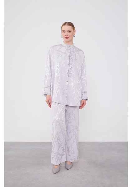 Gri Fırfır Düğme Detaylı Zncir Desen Ikili Takım