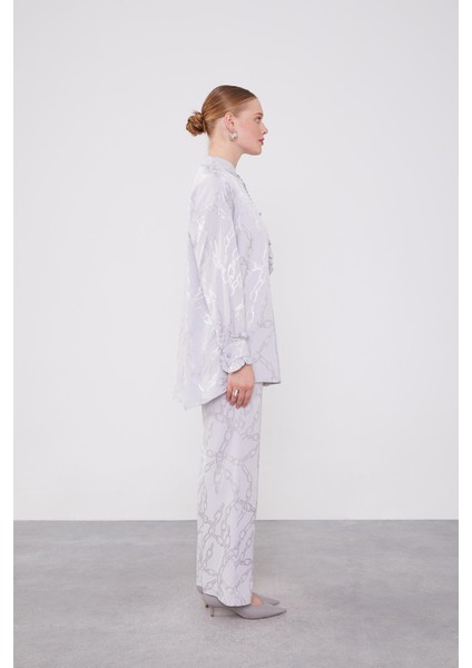 Gri Fırfır Düğme Detaylı Zncir Desen Ikili Takım