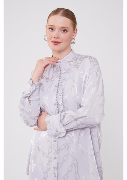 Gri Fırfır Düğme Detaylı Zncir Desen Ikili Takım