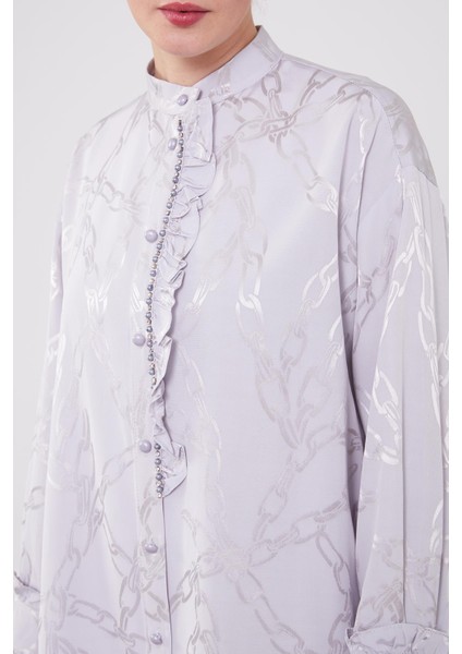 Gri Fırfır Düğme Detaylı Zncir Desen Ikili Takım