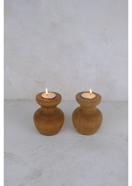 2 Li Büyük Nar Model Tealight Ahşap Şamdan Seti Dekoratif Şamdan