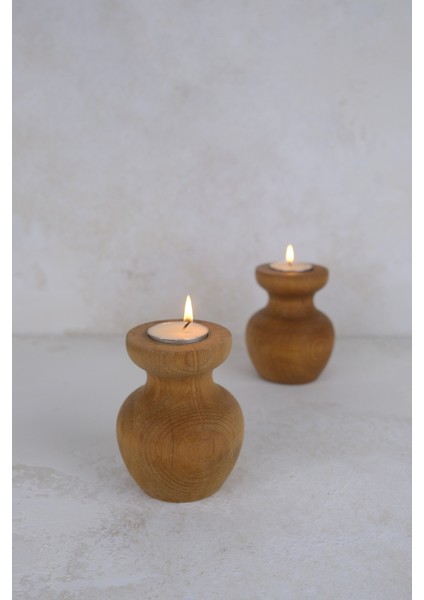 2 Li Büyük Nar Model Tealight Ahşap Şamdan Seti Dekoratif Şamdan