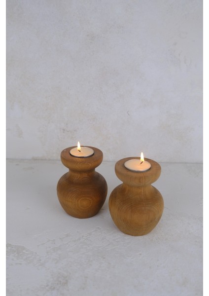 2 Li Büyük Nar Model Tealight Ahşap Şamdan Seti Dekoratif Şamdan