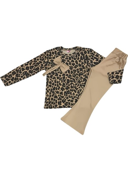 Leopar Desenli Fiyonklu Üst ve Taşlı Pantolon Takımı (3-10 Yaş)