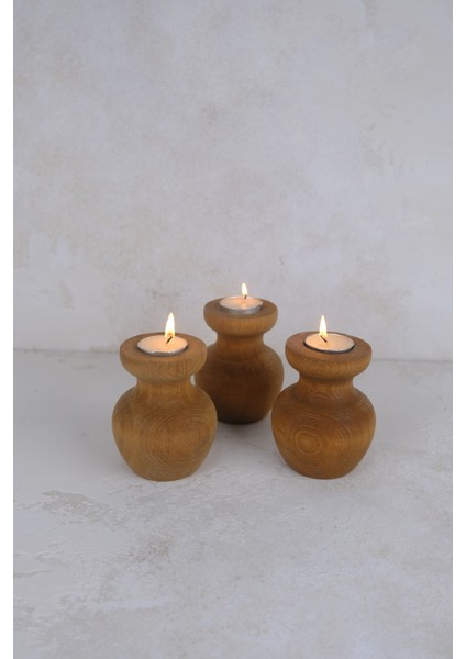 3 Lü Büyük Nar Model Tealight Ahşap Şamdan Seti Dekoratif Şamdan