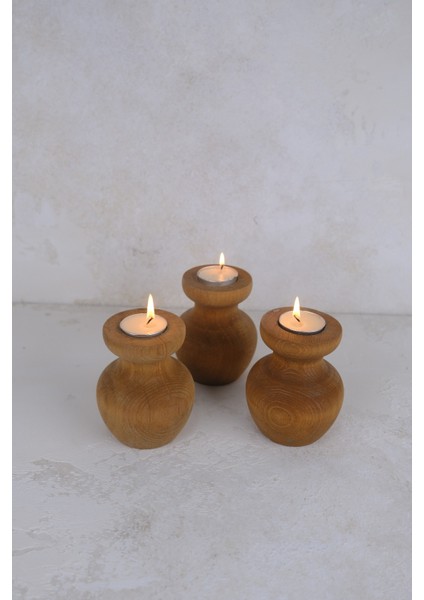 3 Lü Büyük Nar Model Tealight Ahşap Şamdan Seti Dekoratif Şamdan