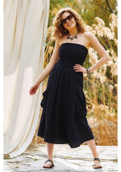 Straplez Göğüs Cep Detaylı Kloş Elbise