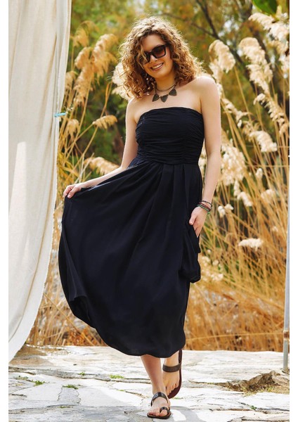 Straplez Göğüs Cep Detaylı Kloş Elbise fiyatları