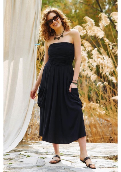 Straplez Göğüs Cep Detaylı Kloş Elbise modelleri