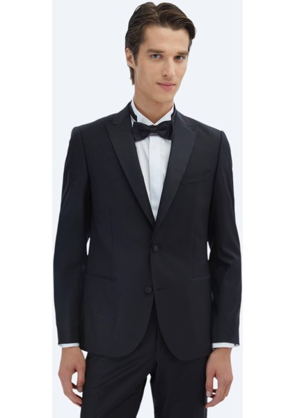 Siyah Düz Slim Fit Çıkarılabilir Kruvaze Yaka Prinç Smokin Takım Elbise