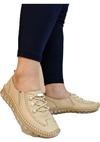 9871 Bej Deri Boncuklu Bayan Ayakkabı fiyatları