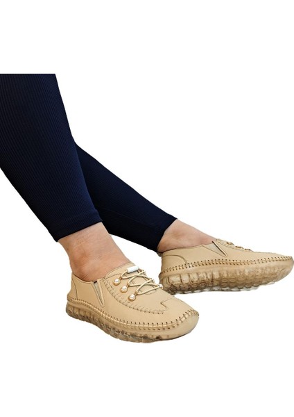 9871 Bej Deri Boncuklu Bayan Ayakkabı fırsatları