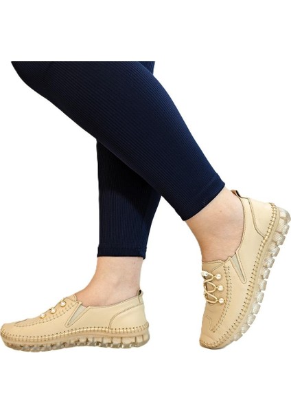 9871 Bej Deri Boncuklu Bayan Ayakkabı indirimleri