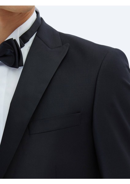 Siyah Düz Slim Fit Çıkarılabilir Kruvaze Yaka Prinç Smokin Takım Elbise