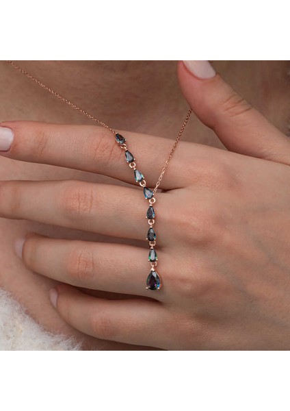 Gümüş Sıralı Mistik Topaz Taşlı Damla Kadın Kolye