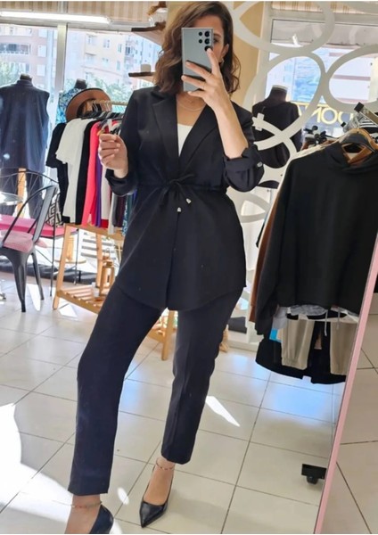 Siyah Renk Double Krep Kumaş Kumaş Pantalon Ceket Takım