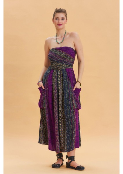 Straplez Göğüs Cep Detaylı Kloş Elbise