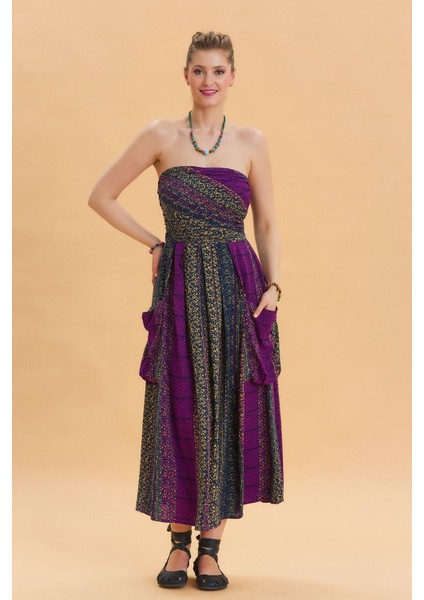 Straplez Göğüs Cep Detaylı Kloş Elbise fiyatları