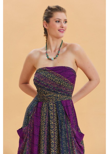 Straplez Göğüs Cep Detaylı Kloş Elbise modelleri