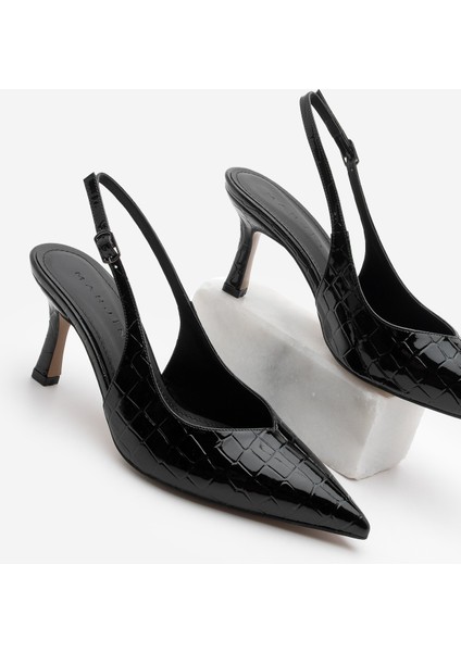 Kadın Stiletto Sivri Burun Croco Arkası Açık Atkılı Topuklu Ayakkabı Andis