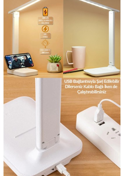 Şarjlı Masa Lambası - 3 Renk Dokunmatik Telefon Stantlı 9W LED 800 Lümen USB Şarjlı