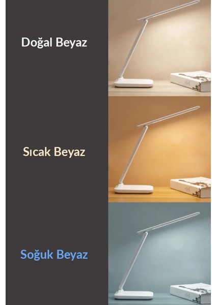 Şarjlı Masa Lambası - 3 Renk Dokunmatik Telefon Stantlı 9W LED 800 Lümen USB Şarjlı