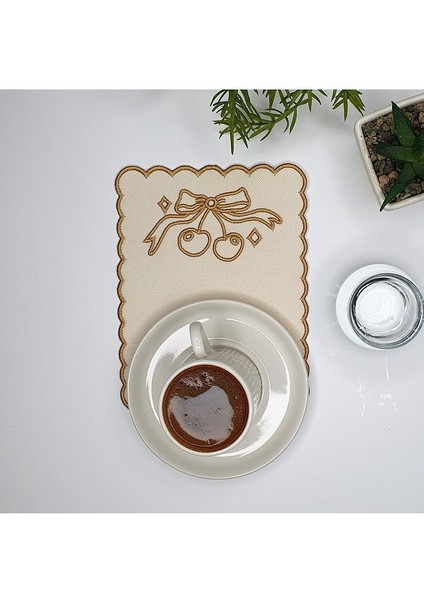 Vişne Tasarım Bej Rengi Altın Nakışlı Kumaş Kokteyl Peçetesi 1 Adet