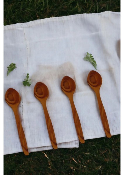 Çay Kaşığı Tahta Kaşık Ahşap Çay Şeker Kaşığı 4'lü Set Zeytin Ağacı El Yapımı Kahvaltı Takımı
